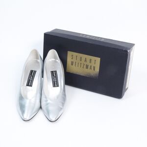 Stuart Weitzman Women's 8B Silver Metallic Leather Shiny Pointy Toe 2" Pumps